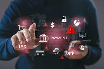 A person interacting with digital payment, tax, and financial security icons, highlighting online transactions, risk alerts, cybersecurity, banking systems, and modern financial technology solutions.