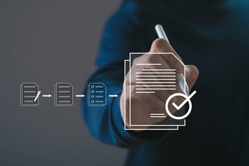 A person using a digital pen to interact with document workflow icons, representing online form processing, approval steps, e-signature, task management, and efficient digital document automation.