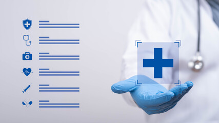 A doctor wearing gloves presenting a digital medical icon with healthcare symbols, illustrating modern medical services, innovation, diagnosis, and professional support in a clean clinical environment