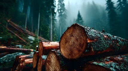 Stacks of cut timber logs showing rich wood texture of tree rings located in a misty forest with a moody green pine background atmosphere.