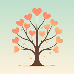 Heart shaped leaves growing on a stylized tree in soft pastel landscape