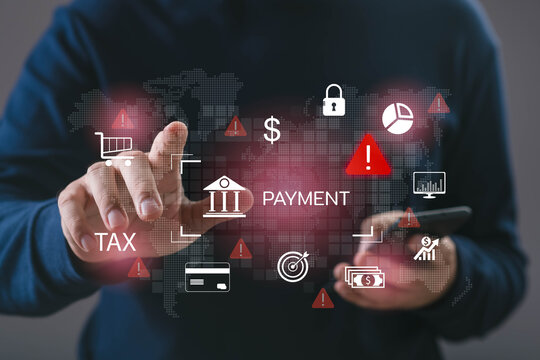 A person interacting with digital payment, tax, and financial security icons, highlighting online transactions, risk alerts, cybersecurity, banking systems, and modern financial technology solutions. - Powered by Adobe