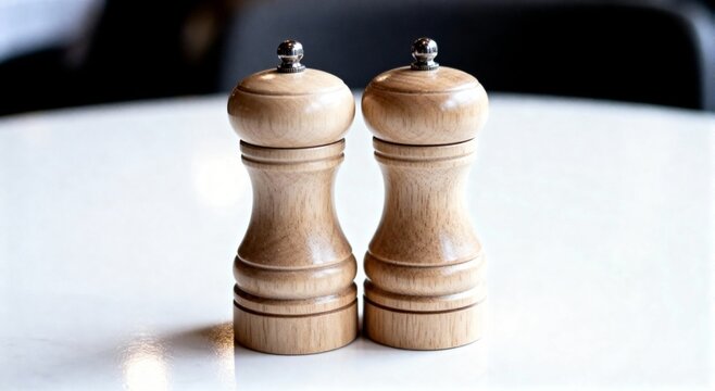 Salt and pepper shakers on white table, closeup