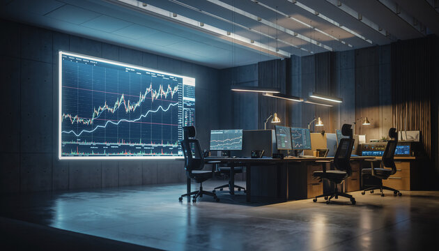 Modern finance office showcasing stock market data trends, ideal for investment strategies and financial analysis content creation, promoting success and growth