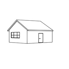 A clean, minimalist black-and-white vector illustration of a single-story house with a steeply pitched roof, a large grid of windows on the left side, a small square upper window, and a simple rectang