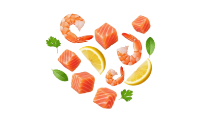 Fresh seafood arrangement with salmon cubes cooked shrimp lemon slices and herb leaves  isolated