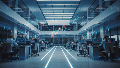 Financial Analysts Working on Stock Market Data in Modern Office, Analyzing Charts and Trends for Investment Strategies and Economic Forecasting Success