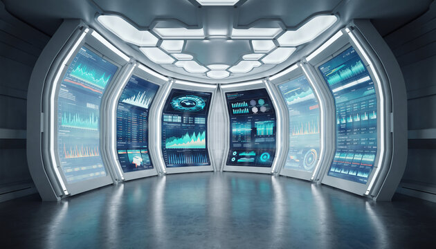 Step into the future with this modern control room featuring interactive data displays, perfect for science fiction, data analysis, and cutting-edge technology concepts
