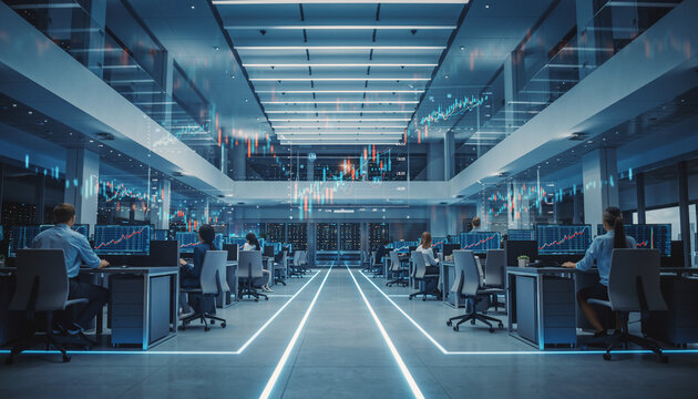Financial Analysts Working on Stock Market Data in Modern Office, Analyzing Charts and Trends for Investment Strategies and Economic Forecasting Success