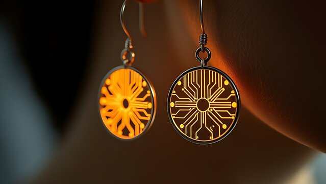 materialization. Elegant minimalist earrings with glowing embedded circuit pattern, fusion of fashion and technology. symbolizing technological progress and responsible innovation.