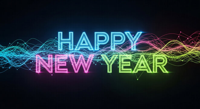 Happy New Year neon text glowing colorful lines and dots perfect for holiday greetings and festive designs on a dark background