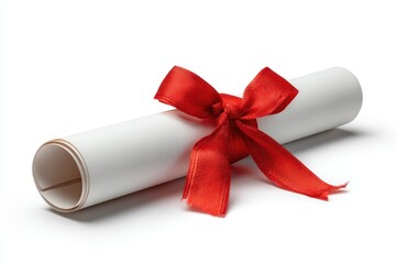 Scroll tied with a red ribbon, isolated against bright white background. It can represent graduation, winning, academic achievement or special events.