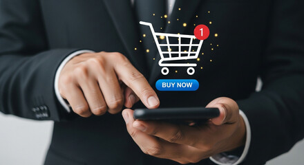 Businessman uses a smartphone to shop online with a virtual shopping cart and a "buy now" button indicating ecommerce and digital purchasing on a mobile device for online retail