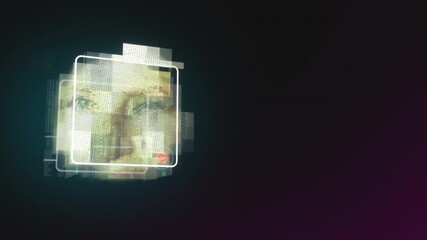 Glowing digital face interface composed of pixelated fragments and neon outlines emerging on a dark tech background, evoking futuristic AI identity scanning and cybernetic visualization. - Powered by Adobe