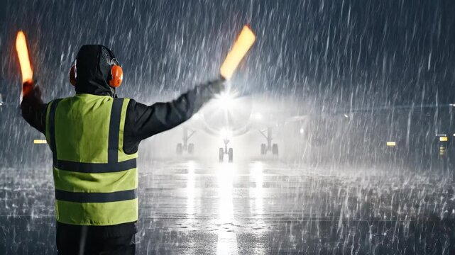 Man marshalling aircraft on rainy runway at night. Airport ground crew directing plane with wands in sequence. Aviation guidance during storm weather.