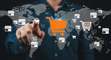 Man pointing at a world map with shopping cart and store icons representing global ecommerce and online shopping showcasing international business and worldwide retail opportunities online now