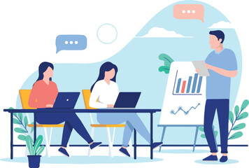 Business course - Male teacher presenting graphs and charts to students. Flat design vector illustration with white background.