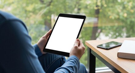 Person holding a digital tablet with a blank white screen showcasing technology and connectivity in a modern setting perfect for presentations apps and online content display