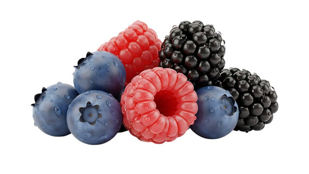 Fresh mixed berries including blueberries raspberries and blackberries isolated on transparent background for graphic design