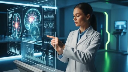 Scientist analyzes futuristic brain scans on interactive holographic display in advanced research lab - Powered by Adobe