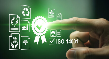Iso 14001 certification concept with a finger touching a digital screen displaying environmental icons representing sustainability compliance and ecofriendly practices for business