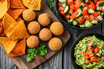 Appetizing assortment of snacks with chips, salad, and guacamole  
