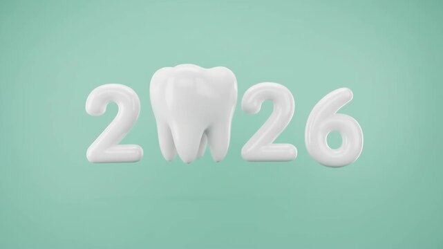 Animated white teeth forming the number 226. Dental numeric sequence with molars and incisors. Tooth digit design on mint green background for oral care concept