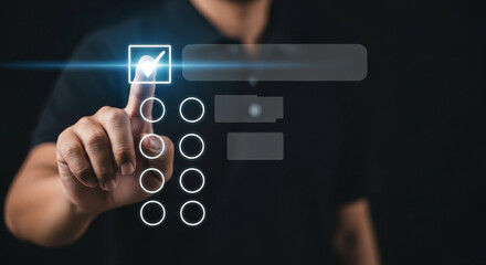 Man selects an option on a digital checklist with a glowing checkmark showcasing technology and interactive interfaces for surveys and data collection in a modern application design