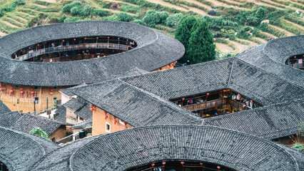 China, Tulou (earthen buildings), Southern Fujian architecture, Fujian, aerial photography, landmark buildings;