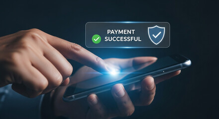 Hand confirms payment successful on smartphone with security shield icon showcasing mobile banking online transaction and digital finance with a modern interface and secure technology