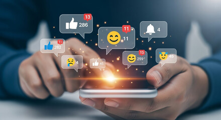 Person using a smartphone with social media notifications including likes comments and emoji reactions showcasing digital engagement and online activity on a mobile device for social networking apps