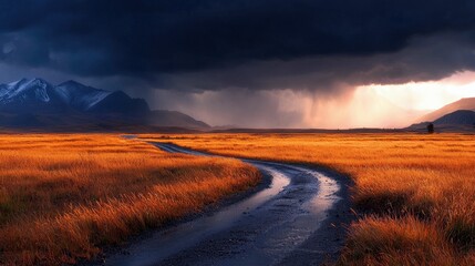 A dirt road curves through a field of golden grass, leading towards mountains under a dramatic, stormy sky. The scene is illuminated by a mix of sunlight and sh