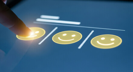 Finger touches a happy face icon on a digital screen representing positive feedback and customer satisfaction in a userfriendly interface for surveys and online reviews