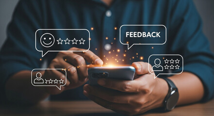 Person using a smartphone to provide feedback and ratings showcasing customer satisfaction and online reviews with star icons and speech bubbles on a mobile device for business growth and analysis