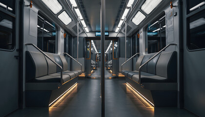 Obraz premium Interior View of Empty Modern Train Car with Seats, Lighting, and Metallic Handrails Transportation Concept
