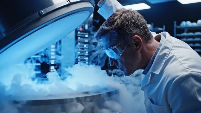 Man in lab coat handling liquid nitrogen container in laboratory. Scientist carefully pouring cryogenic substance with vapor emission. Research experiment visualization for scientific procedure