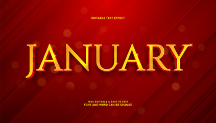 JANUARY - 3D Golden Editable Text Effect on Red Background. Premium Shiny Text Style with Glitter and Light Effect