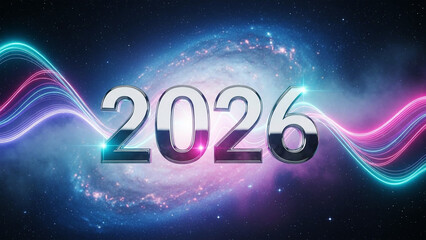 3D Futuristic 2026 Typography with Synth wave Curves and Chrome Finish on Cosmic Backdrop