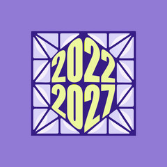 Yellow 2022 2027 numbers in geometric purple frame