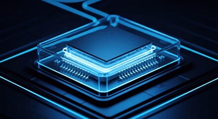 Close-up of a glowing, square microchip encased in transparent material, with blue light illuminating its intricate components.  Dark background