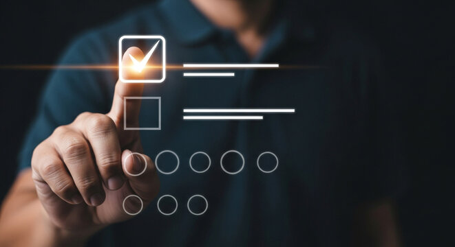 Man selecting a checkmark on a digital checklist interface highlighting digital transformation task management and interactive technology for business productivity and efficiency improvement - Powered by Adobe