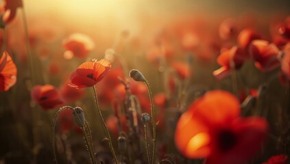 Obraz premium Vibrant Red Poppies Sway Gently in the Warm Evening Light of a Tranquil Meadow