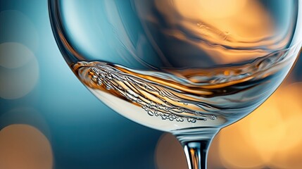 Close-up of a wine glass filled with liquid, showing bubbles and dynamic movement, against a blurred, abstract background with warm and cool tones.