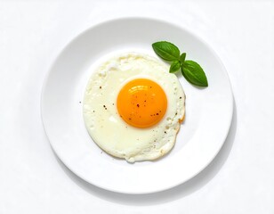 Sunny-Side Up Egg on a White Plate with Basil garnish, Culinary Delight