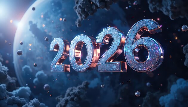 The year twenty twenty six in a cosmic scene with a planet and clouds in the background with sparkles