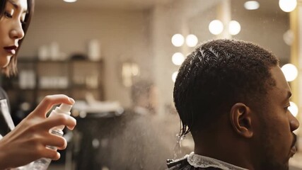 Asian woman hairstylist spraying water on African American mans hair in barbershop. Slow motion macro sequence of wetting process before haircut grooming.