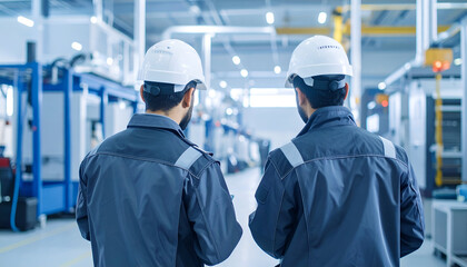 Two Engineers in Hard Hats Inspecting a Modern Factory Floor.