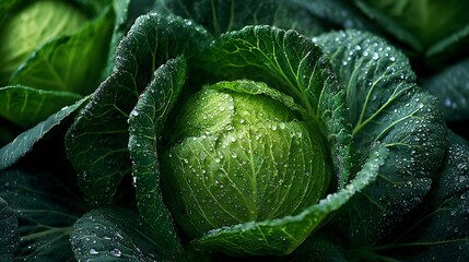 Fototapeta premium Top-down view of fresh organic green cabbages featuring vibrant leaves covered in morning dew drops, highlighting a farm-to-table texture.