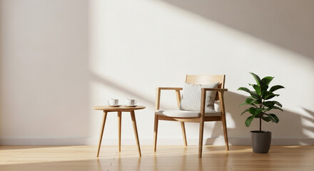 Minimalist interior design featuring a wooden chair small round table with coffee cups and a potted plant against a white wall with natural light creating a serene and inviting atmosphere for relaxati