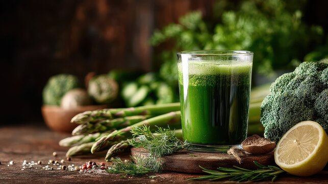 Fresh green smoothie with asparagus and broccoli on wooden table. Ideal for healthy recipes, wellness articles, and dietary guidelines.